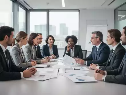 Geschäftsleute diskutieren an einem Konferenztisch in einem modernen Büro, umgeben von Dokumenten und Technologie. - Foto: über boerse-global.de