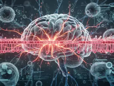 Abstrakte Darstellung von Gehirnzellen und der Blut-Hirn-Schranke mit leuchtenden neuronalen Pfaden, symbolisiert medizinische Forschung und Technologie. - Foto: über boerse-global.de