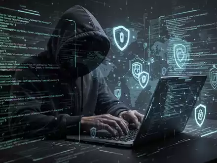 Verschwommene Gestalt in Kapuzenjacke tippt auf Laptop, umgeben von leuchtenden Codezeilen und digitalen Sicherheitssymbolen. - Foto: über boerse-global.de