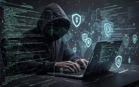 Verschwommene Gestalt in Kapuzenjacke tippt auf Laptop, umgeben von leuchtenden Codezeilen und digitalen Sicherheitssymbolen. - Foto: über boerse-global.de