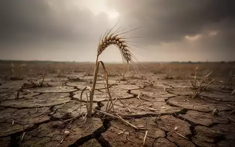 Ein vertrockneter Weizenhalm auf rissigem, trockenem Boden unter einem dunstigen Himmel, der globale Ernährungsunsicherheit symbolisiert. - Foto: über boerse-global.de