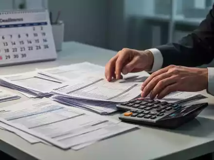 HĂ€nde organisieren sorgfĂ€ltig Finanzdokumente und Steuerformulare auf einem Schreibtisch mit einem Taschenrechner und einem Kalender. - Foto: ĂŒber boerse-global.de