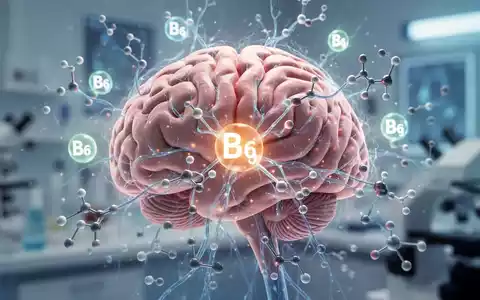 Ein stilisiertes menschliches Gehirn mit leuchtenden neuronalen Pfaden, umgeben von abstrakten Molekülstrukturen, die Vitamin B6 darstellen. - Foto: über boerse-global.de