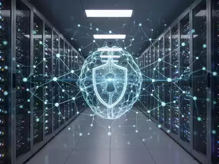 Serverraum mit leuchtenden Racks, holografisches neuronales Netzwerk, symbolisiert lokale KI und Datensouveränität. - Foto: über boerse-global.de