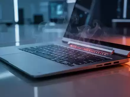 Nahaufnahme einer Laptop-Tastatur mit leichter Hitzeschleier, die aus Lüftungsschlitzen aufsteigt, in einem modernen Büro. - Foto: über boerse-global.de