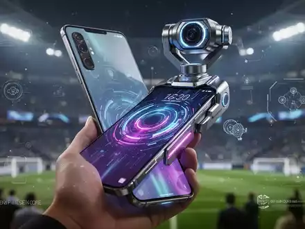 Nahaufnahme eines futuristischen Smartphones mit robotischer Gimbal-Kamera, gehalten von einer Hand, vor verschwommenem Stadionhintergrund und KI-Konferenz. - Foto: über boerse-global.de