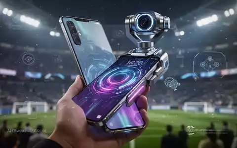 Nahaufnahme eines futuristischen Smartphones mit robotischer Gimbal-Kamera, gehalten von einer Hand, vor verschwommenem Stadionhintergrund und KI-Konferenz. - Foto: über boerse-global.de
