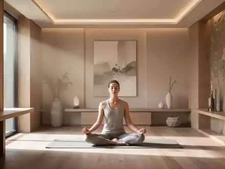 Ein ruhiger, minimalistischer Meditationsraum in einem exklusiven Wellness-Club, mit einer Person in meditativer Pose. - Foto: über boerse-global.de