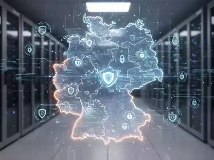Stilisierte Deutschlandkarte mit digitalen Datenströmen und Sicherheitssymbolen für sichere Softwareentwicklung und digitale Souveränität. - Foto: über boerse-global.de