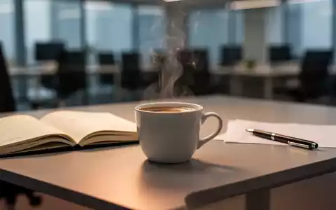 Eine dampfende Tasse Kaffee auf einem Schreibtisch mit Notizbuch und Stift, symbolisiert Fokus und Produktivität. - Foto: über boerse-global.de