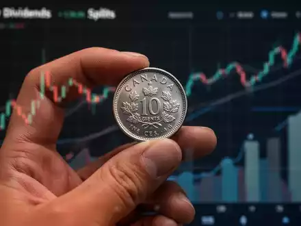 Eine Hand hält eine kanadische Zehn-Cent-Münze mit verschwommenen Finanzdiagrammen im Hintergrund, die monatliche Dividenden symbolisieren. - Foto: über boerse-global.de