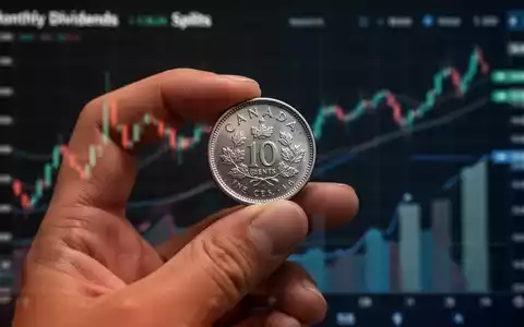 Eine Hand hält eine kanadische Zehn-Cent-Münze mit verschwommenen Finanzdiagrammen im Hintergrund, die monatliche Dividenden symbolisieren. - Foto: über boerse-global.de