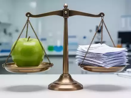 Eine stilisiert ausgewogene Waage mit einem grünen Apfel auf der einen Seite und wissenschaftlichen Studien auf der anderen. - Foto: über boerse-global.de