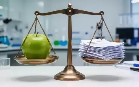Eine stilisiert ausgewogene Waage mit einem grünen Apfel auf der einen Seite und wissenschaftlichen Studien auf der anderen. - Foto: über boerse-global.de