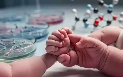 Ein Neugeborenes hält einen erwachsenen Finger, im Hintergrund verschwommene wissenschaftliche Elemente. Symbolisiert Darmgesundheit nach Kaiserschnitt. - Foto: über boerse-global.de