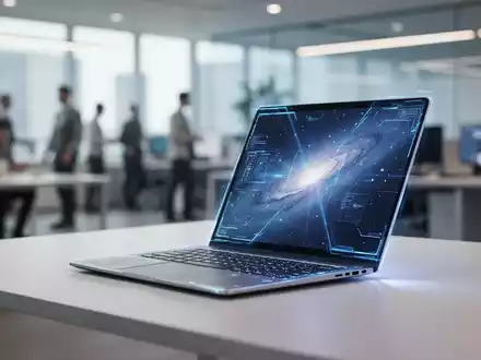 Ein schlankes, offenes Laptop mit leuchtendem Bildschirm auf einem modernen Schreibtisch in einem hellen Büro, das Mobilität symbolisiert. - Foto: über boerse-global.de