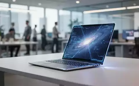 Ein schlankes, offenes Laptop mit leuchtendem Bildschirm auf einem modernen Schreibtisch in einem hellen Büro, das Mobilität symbolisiert. - Foto: über boerse-global.de