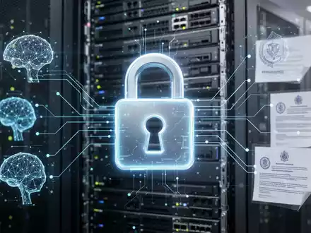 Ein stilisiertes, leuchtendes Vorhängeschloss-Symbol über einem verschwommenen Hintergrund eines modernen Rechenzentrums, das Cybersicherheit darstellt. - Foto: über boerse-global.de