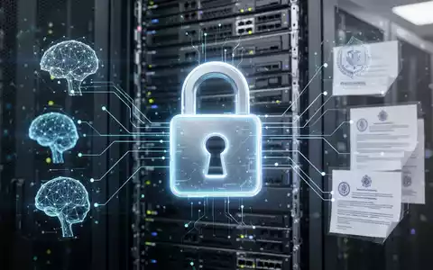 Ein stilisiertes, leuchtendes Vorhängeschloss-Symbol über einem verschwommenen Hintergrund eines modernen Rechenzentrums, das Cybersicherheit darstellt. - Foto: über boerse-global.de