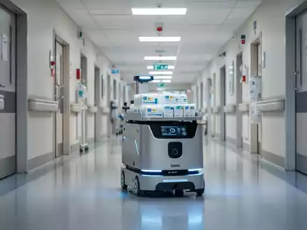 Ein autonomer mobiler Roboter mit medizinischen Vorräten fährt einen sauberen, modernen Krankenhausflur entlang. - Foto: über boerse-global.de
