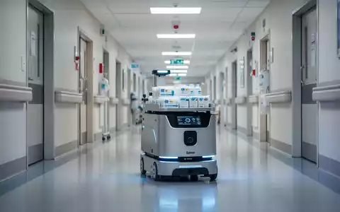 Ein autonomer mobiler Roboter mit medizinischen Vorräten fährt einen sauberen, modernen Krankenhausflur entlang. - Foto: über boerse-global.de