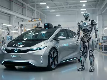 Ein Tesla Cybercab-Robotaxi und ein Optimus humanoider Roboter stehen nebeneinander in einer modernen, hell erleuchteten Fabrikumgebung. - Foto: über boerse-global.de