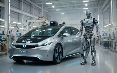 Ein Tesla Cybercab-Robotaxi und ein Optimus humanoider Roboter stehen nebeneinander in einer modernen, hell erleuchteten Fabrikumgebung. - Foto: über boerse-global.de