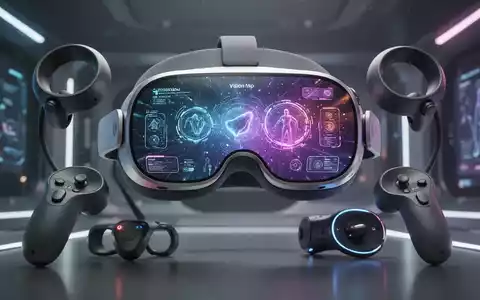 Nahaufnahme eines Apple Vision Pro Headsets mit futuristischem UI, integrierten Drittanbieter-Bewegungscontrollern und Zubehör. - Foto: über boerse-global.de