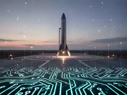Eine Startrampe für Raketen in der Abenddämmerung, die mit einem abstrakten Schaltplattendesign verbunden ist. - Foto: über boerse-global.de