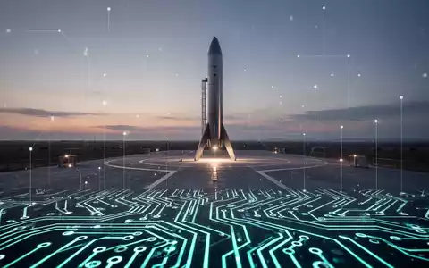 Eine Startrampe für Raketen in der Abenddämmerung, die mit einem abstrakten Schaltplattendesign verbunden ist. - Foto: über boerse-global.de