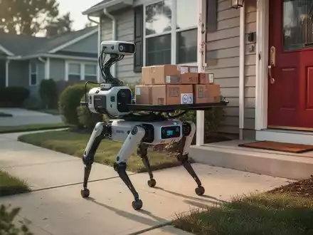 Ein vierbeiniger Roboter mit einem Liefertablett trägt Pakete auf einem Gehweg zu einem Haus. - Foto: über boerse-global.de