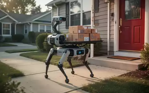 Ein vierbeiniger Roboter mit einem Liefertablett trägt Pakete auf einem Gehweg zu einem Haus. - Foto: über boerse-global.de