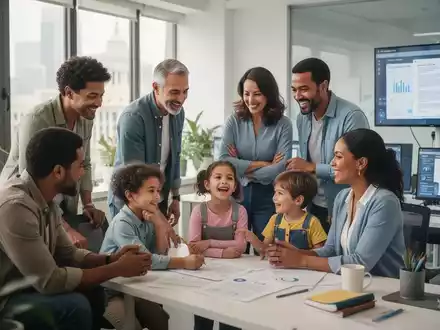 Eine vielfältige Gruppe von Eltern und Kindern in einem modernen Umfeld, das die Vereinbarkeit von Familie und Beruf darstellt. - Foto: über boerse-global.de