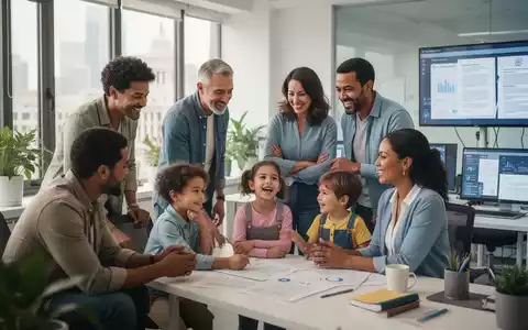 Eine vielfältige Gruppe von Eltern und Kindern in einem modernen Umfeld, das die Vereinbarkeit von Familie und Beruf darstellt. - Foto: über boerse-global.de