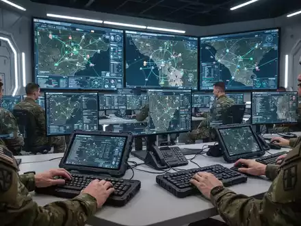 Soldaten in einer modernen, digital vernetzten militärischen Kommandozentrale mit taktischen Tastaturen und Displays, die militärische Modernisierung symbolisieren. - Foto: über boerse-global.de
