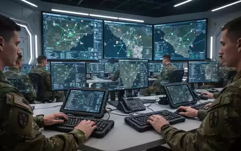 Soldaten in einer modernen, digital vernetzten militärischen Kommandozentrale mit taktischen Tastaturen und Displays, die militärische Modernisierung symbolisieren. - Foto: über boerse-global.de