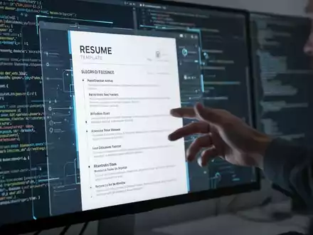Moderne Lebenslaufvorlage für Softwareentwickler auf einem Bildschirm, Hand interagiert, symbolisiert KI und digitale Werkzeuge. - Foto: über boerse-global.de