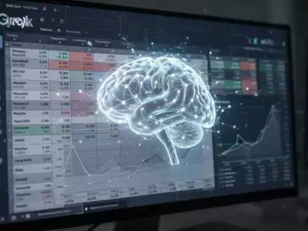 Ein stilisiertes, leuchtendes neuronales Netzwerk-Symbol, das subtil in eine Tabellenkalkulation auf einem Computermonitor integriert ist. - Foto: über boerse-global.de