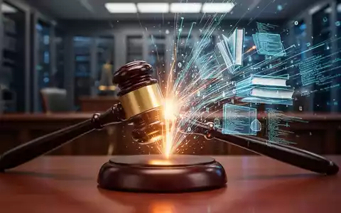 Ein leuchtender Richterhammer trifft auf einen Klangblock, digitale Daten und abstrakte Bücher entströmen dem Aufprall, symbolisiert eine KI-Urheberrechtsvereinbarung. - Foto: über boerse-global.de