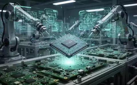 Roboterarm platziert einen KI-Chip auf einer Leiterplatte in einer Hightech-Fabrik, mit holografischen Datenanzeigen im Hintergrund. - Foto: über boerse-global.de