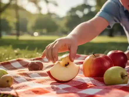 Ein Kind greift nach Obst auf einer Picknickdecke im Sommer, mit unscharfem Hintergrund eines sonnigen Parks. - Foto: über boerse-global.de
