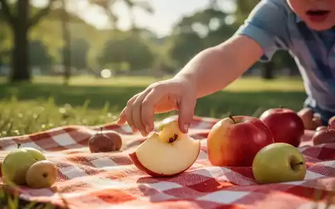 Ein Kind greift nach Obst auf einer Picknickdecke im Sommer, mit unscharfem Hintergrund eines sonnigen Parks. - Foto: über boerse-global.de