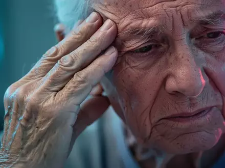 Nahaufnahme der Hand eines älteren Menschen, die sanft die Schläfe berührt, mit angedeuteten medizinischen Lichtern im Hintergrund. - Foto: über boerse-global.de