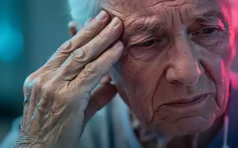 Nahaufnahme der Hand eines älteren Menschen, die sanft die Schläfe berührt, mit angedeuteten medizinischen Lichtern im Hintergrund. - Foto: über boerse-global.de
