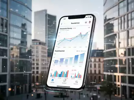 Ein stilisiertes Smartphone zeigt eine Finanz-App mit Diagrammen und Grafiken vor unscharfen modernen deutschen Stadtgebäuden. - Foto: über boerse-global.de