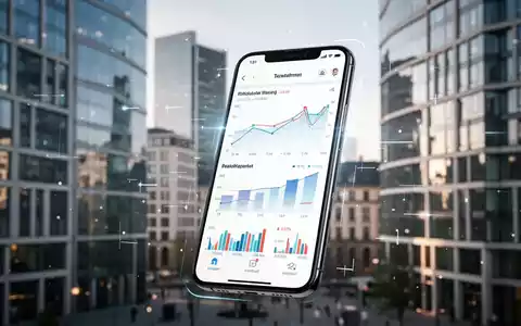Ein stilisiertes Smartphone zeigt eine Finanz-App mit Diagrammen und Grafiken vor unscharfen modernen deutschen Stadtgebäuden. - Foto: über boerse-global.de