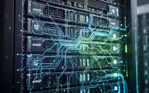 Nahaufnahme eines Hightech-Serverracks mit leuchtenden Lichtern, das AMDs Helios-KI-System und dessen Integration mit Microsoft Azure darstellt. - Foto: über boerse-global.de