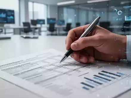 Eine Hand hält einen Stift über einem Finanzdokument mit verschwommenem Text und Diagrammen, in einem modernen Büroumfeld. - Foto: über boerse-global.de