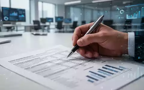 Eine Hand hält einen Stift über einem Finanzdokument mit verschwommenem Text und Diagrammen, in einem modernen Büroumfeld. - Foto: über boerse-global.de