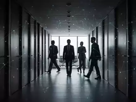 Dunkler Büroflur mit verschwommenen Silhouetten von Mitarbeitern, die an geschlossenen Türen vorbeigehen, symbolisiert Stellenabbau und Umstrukturierung. - Foto: über boerse-global.de